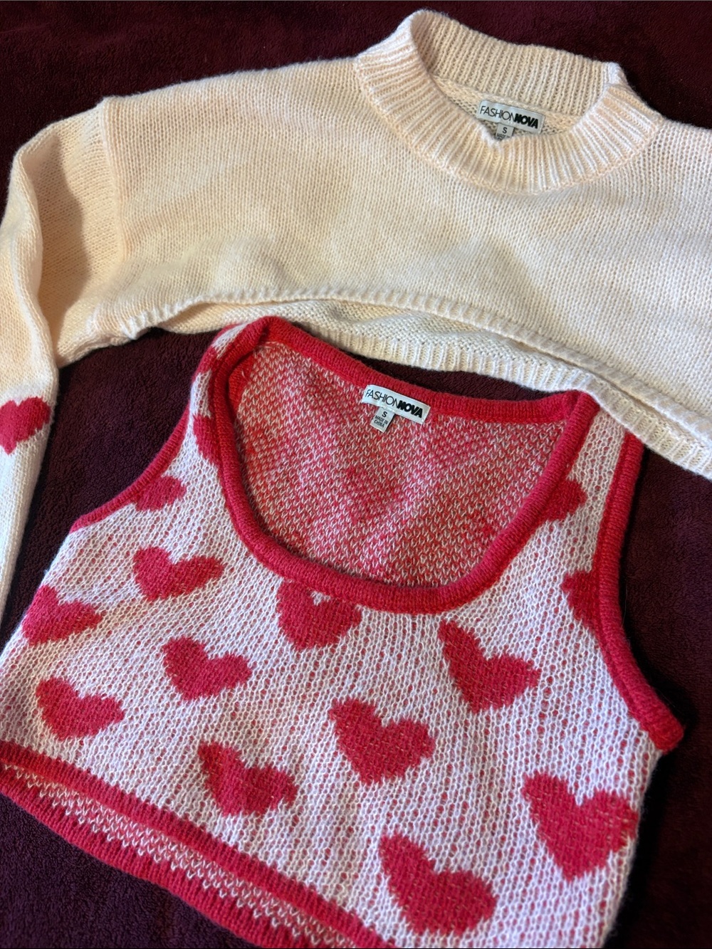 Fashion Nova Cream Crewneck Sweater with Pink Heart Knit Tank